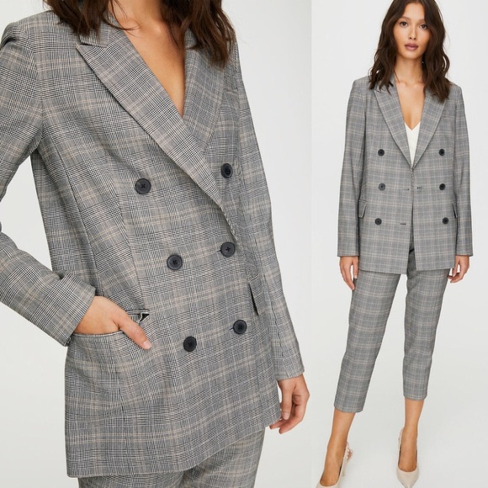 Babaton Grey Plaid Double-Breasted Blazer